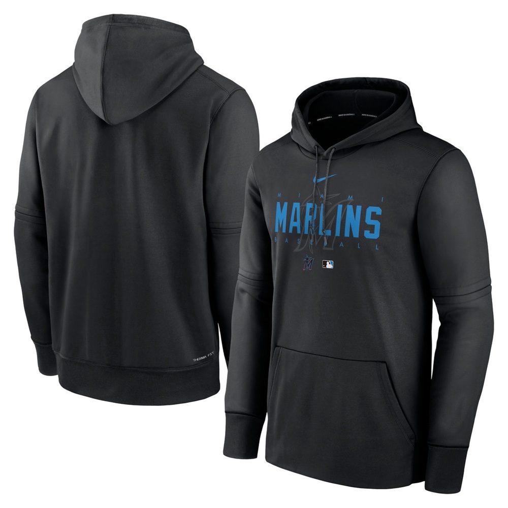 Nike MLB Black Hoodie with Blue Marlins Wordmark